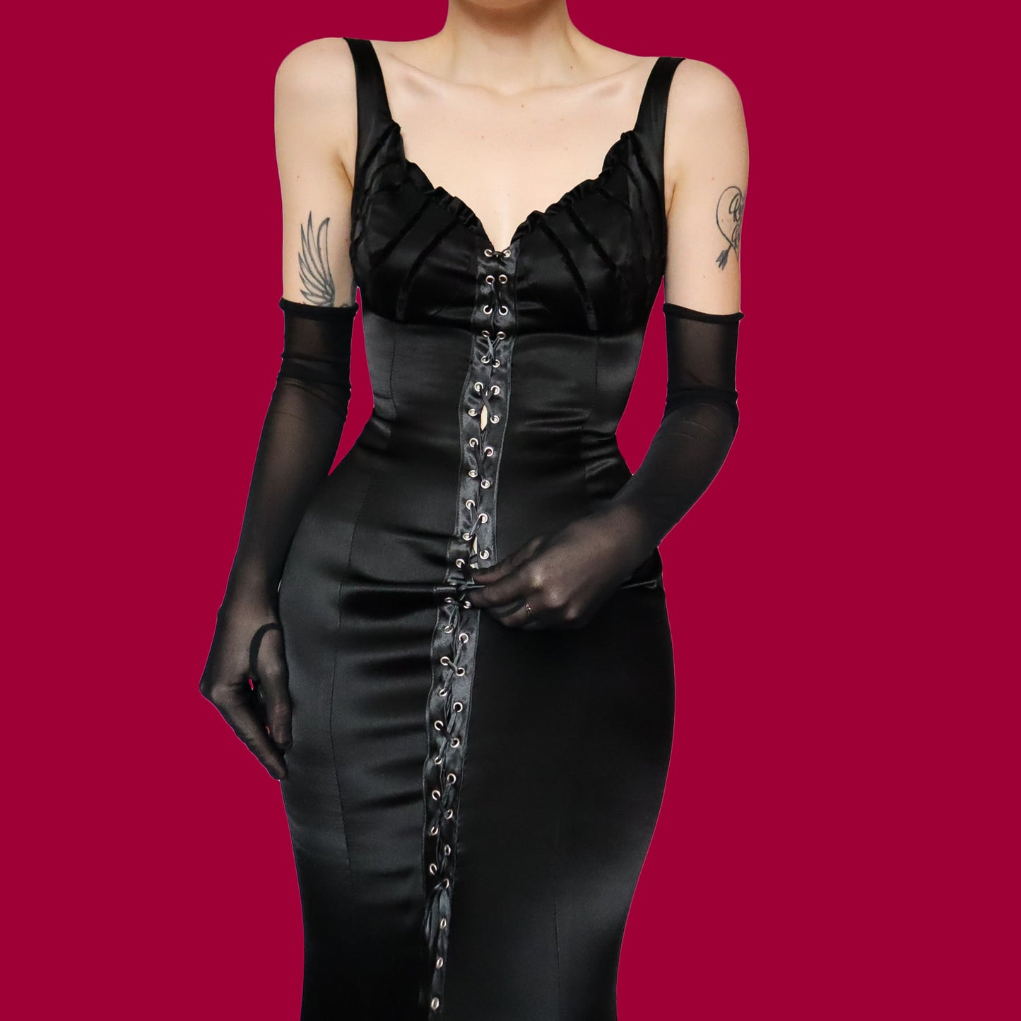 Black lace up front evening dress UK 12