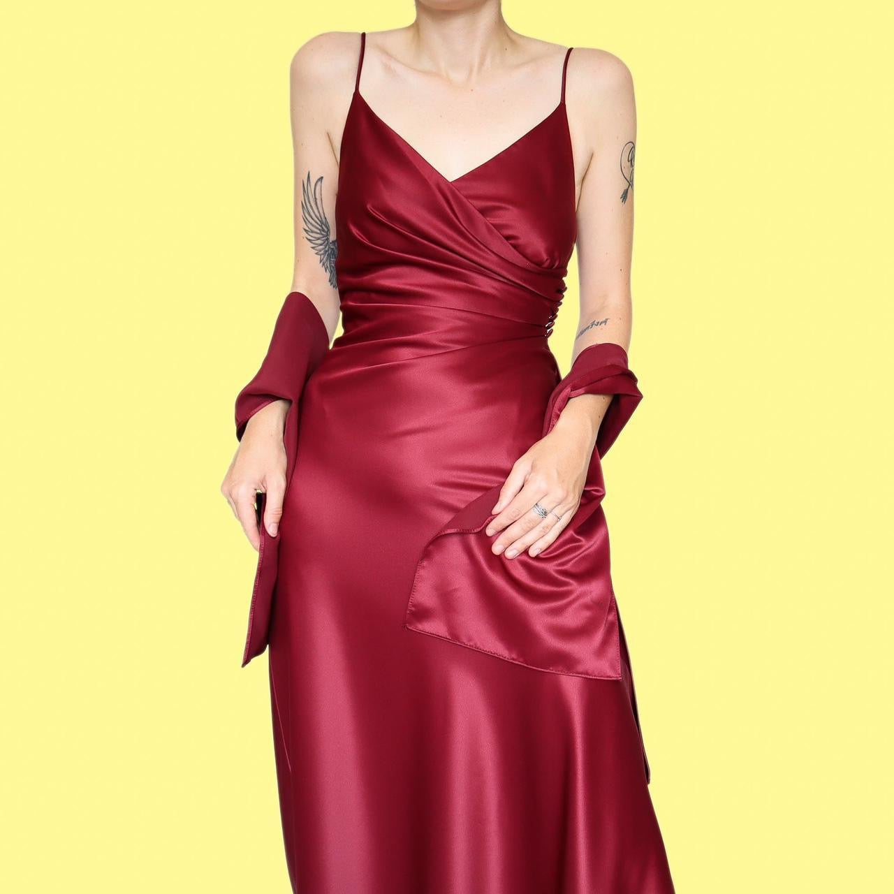 Burgundy evening slip dress with shawl UK 12