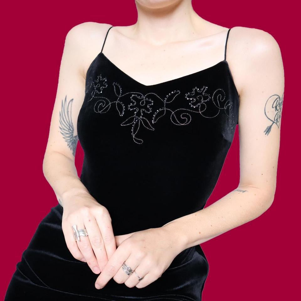 Petite black velvet stretch evening dress UK 8