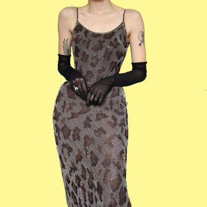 Heavily beaded silk leopard print evening dress UK 10