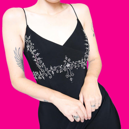 Black stretch beaded open back evening dress UK 12