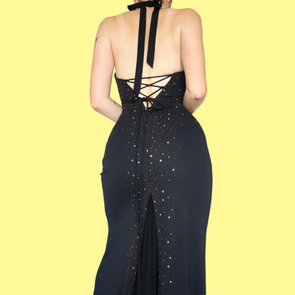 Chic black beaded sequin halter-neck evening dress UK 10