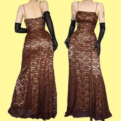 Dave & Johnny brown glittery lace evening dress UK 12