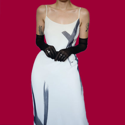 White After Six paint stroke print slip evening dress UK 12