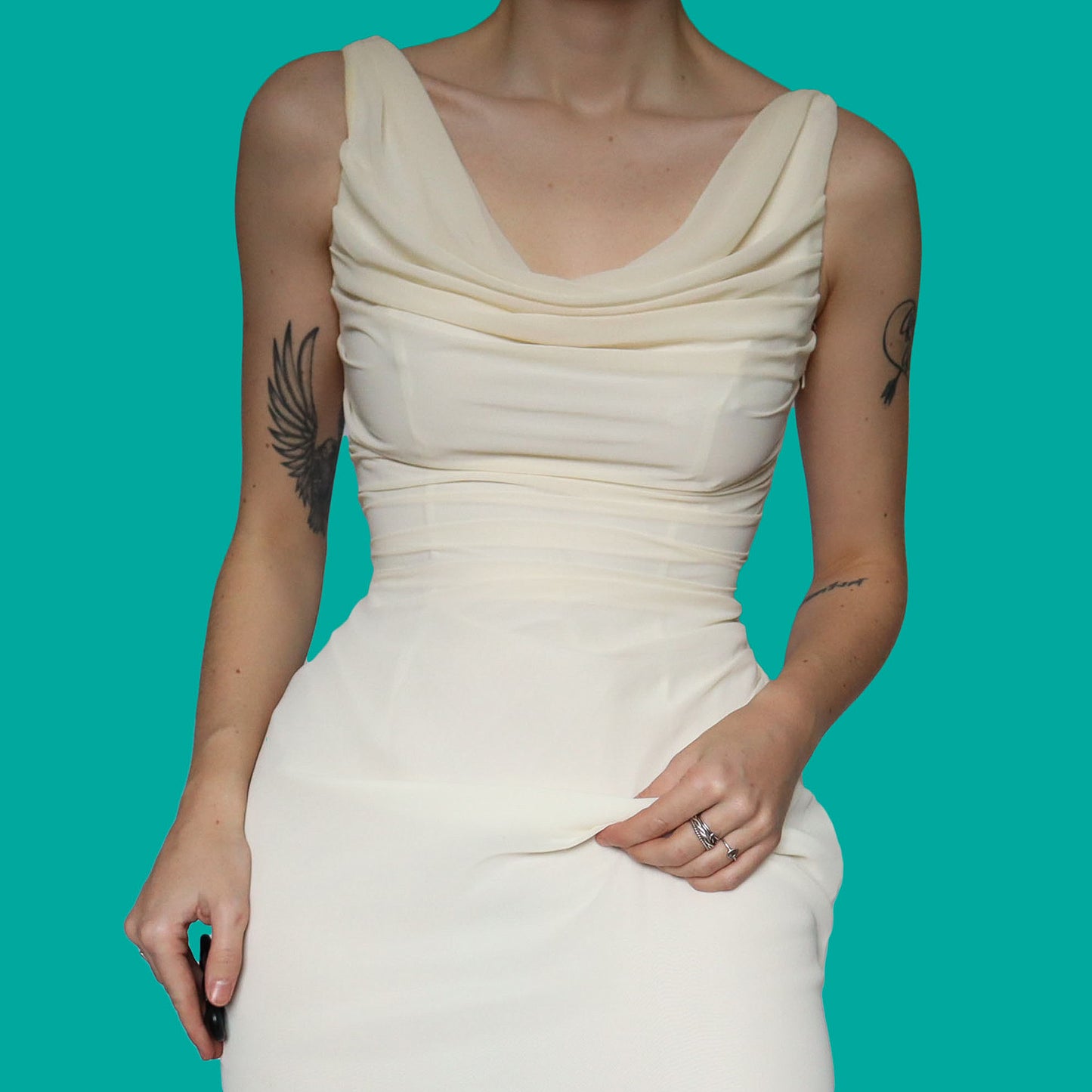 Cream chiffon draped evening dress UK 10