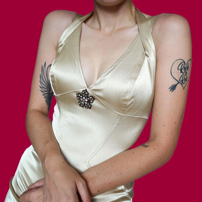 Silky gold satin stretch evening dress UK 10