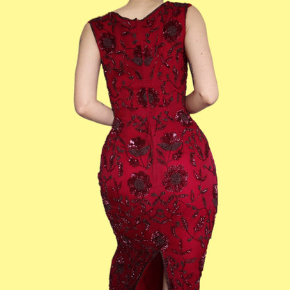 Stunning 100% silk dark red beaded/sequin floral evening dress UK 10