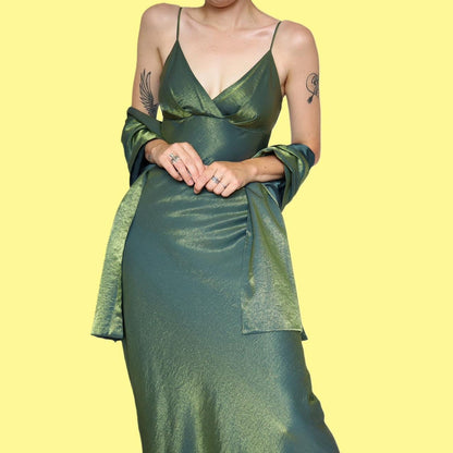 Beautiful silky green slip evening dress with matching shawl UK 10