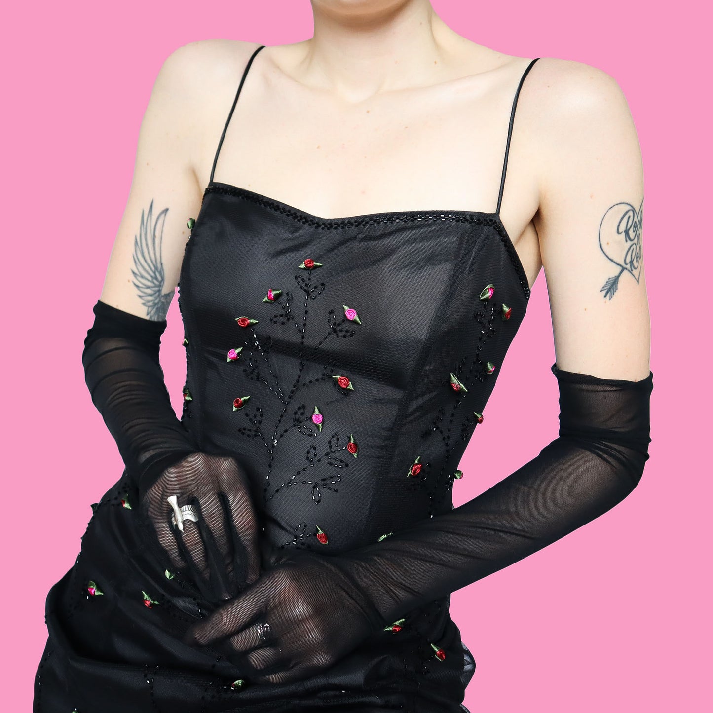 Black beaded rose evening dress UK 10