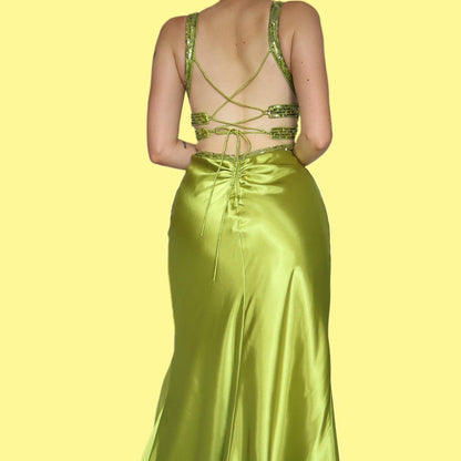 Green satin sequin evening prom dress UK 10