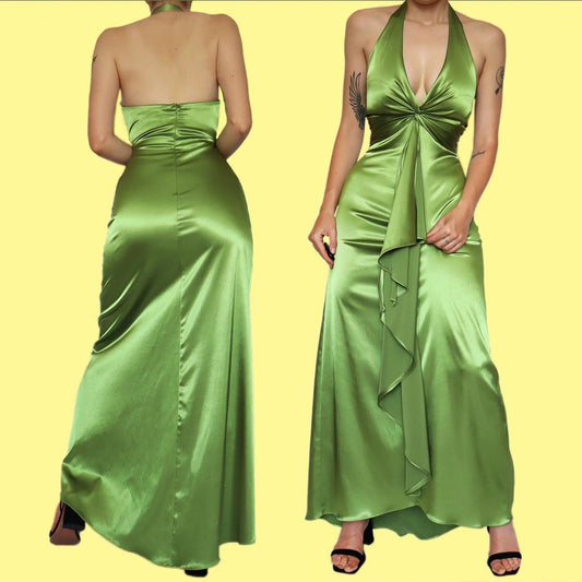 Beautiful green satin halter neck evening dress UK 10