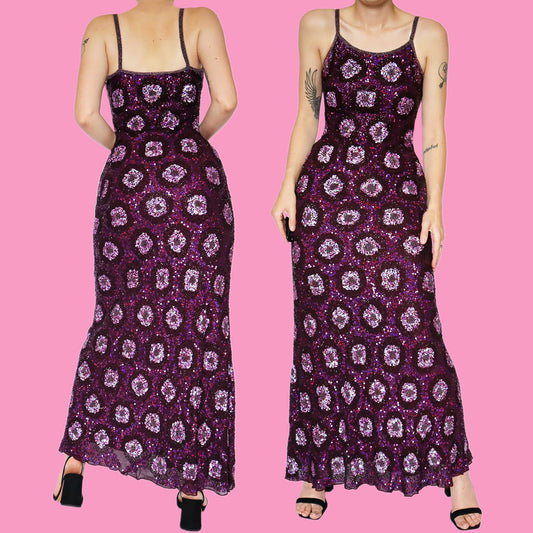 Purple 100% silk sequin/beaded evening dress & shawl UK 10