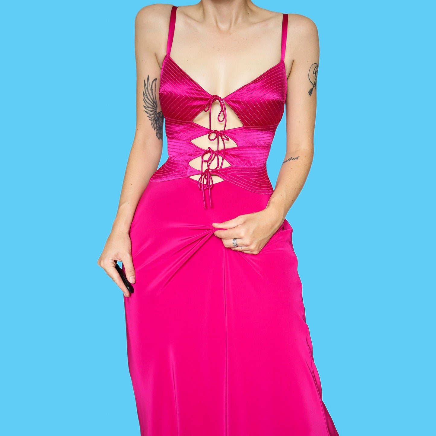 Fuchsia pink tie front detail evening dress UK 12