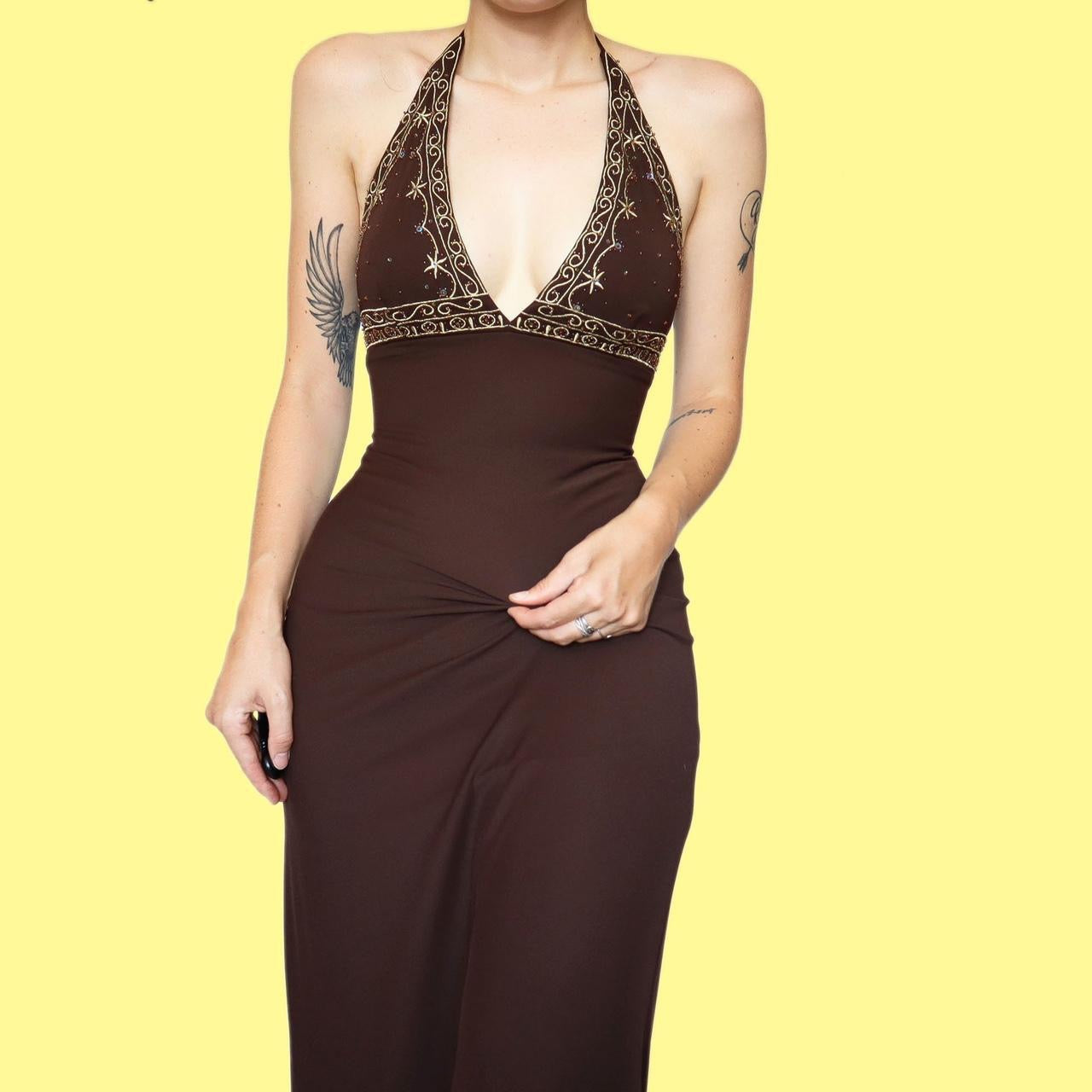 Brown stretch halter-neck evening dress UK 8