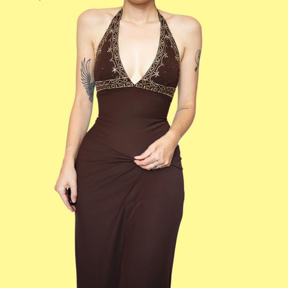 Brown stretch halter-neck evening dress UK 8
