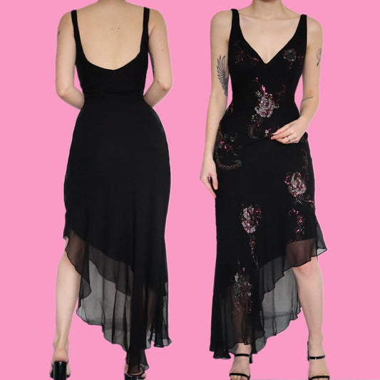 Beautiful chic black 100% silk floral party evening dress UK 12