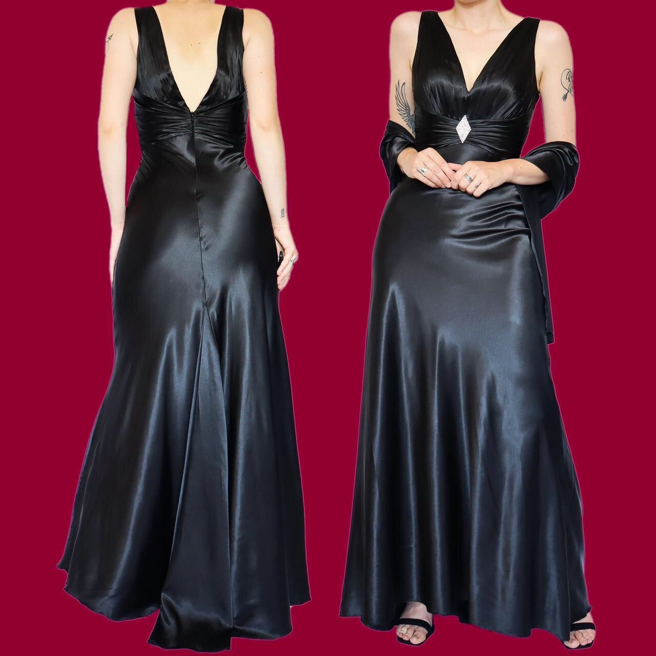 Beautiful black satin diamanté evening dress with shawl UK 10