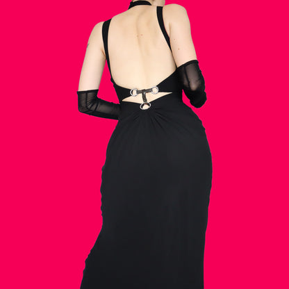 Chic black open back evening dress UK 10
