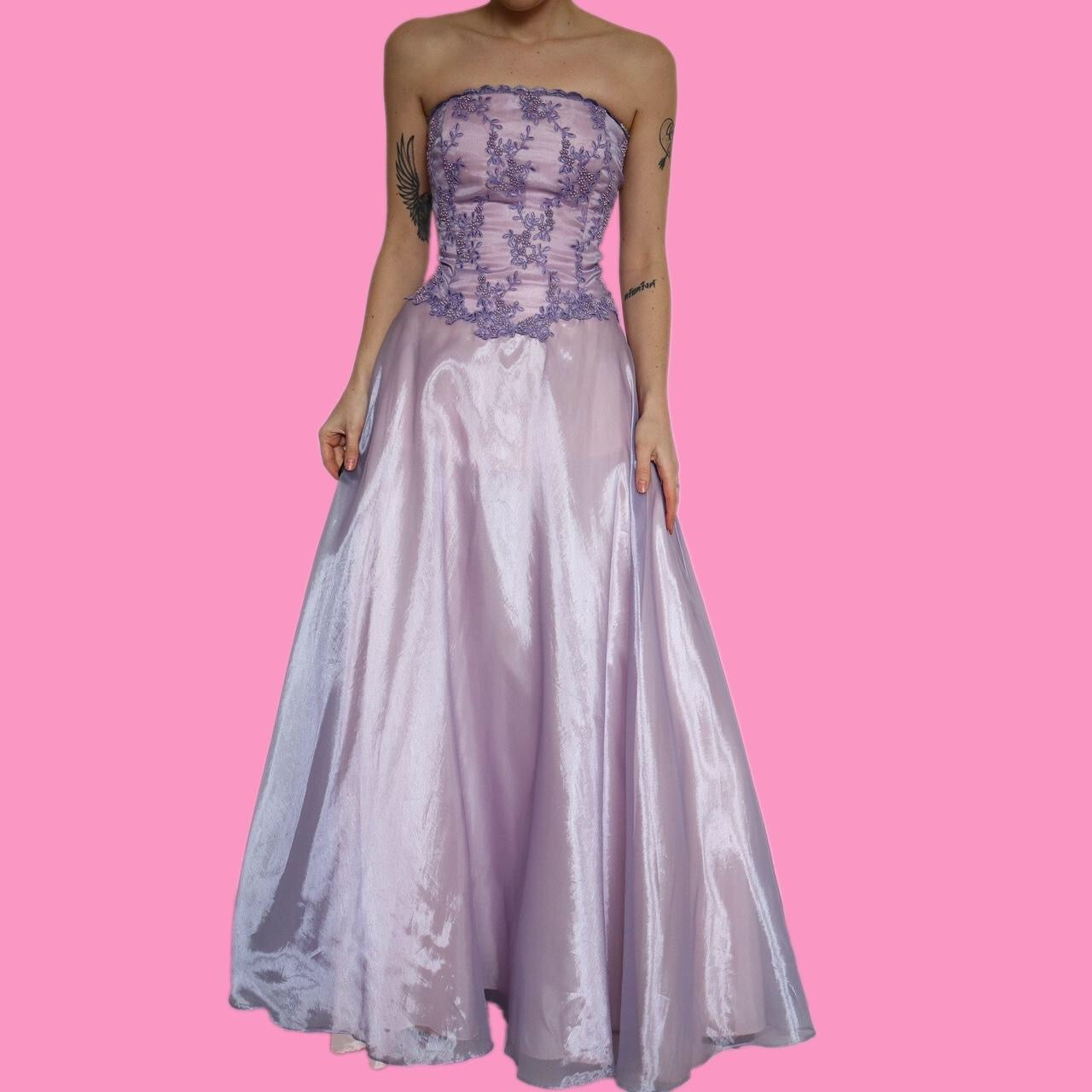 Beautiful a-line shimmery lilac lace corset evening dress UK 12