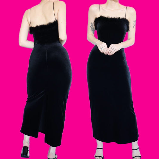 Super cute black velvet stretch fluffy evening dress UK 14