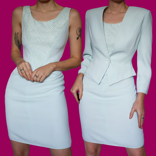 Pastel blue 2 piece dress & jacket suit UK 14