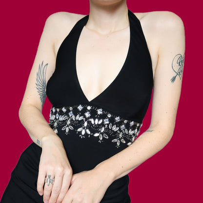 Black stretch halter neck evening dress UK 14