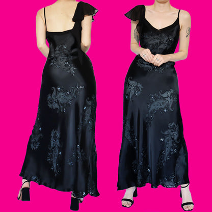 Black silk blend sequin evening dress UK 16