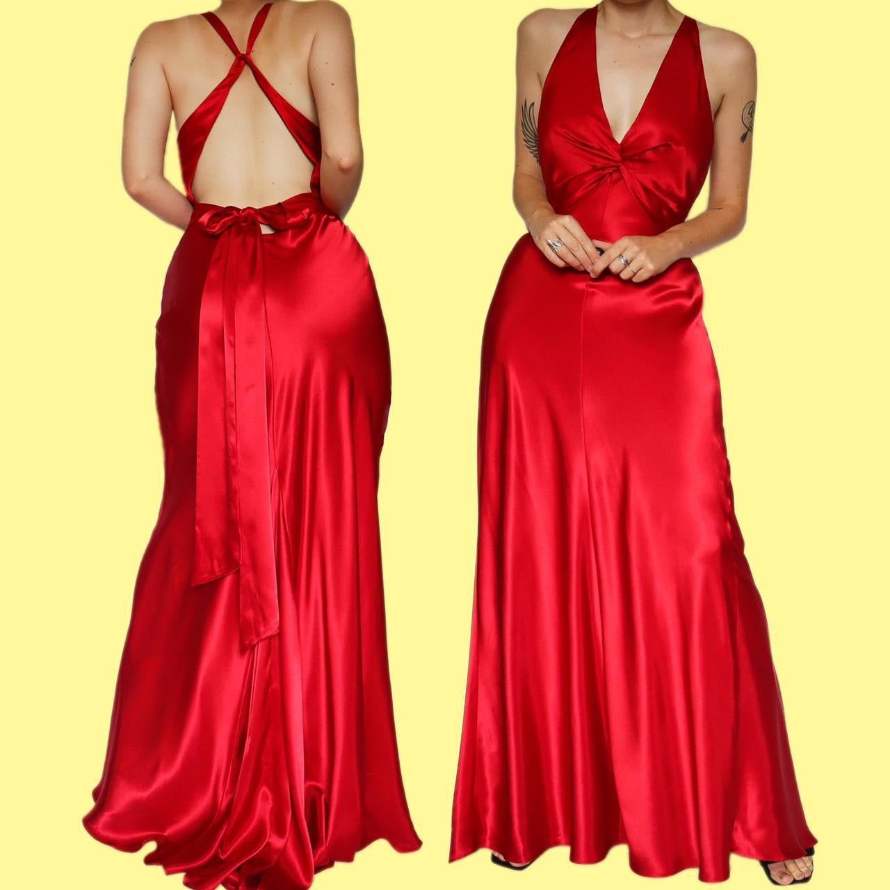 Red satin open back evening dress UK 14