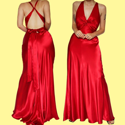 Red satin open back evening dress UK 14