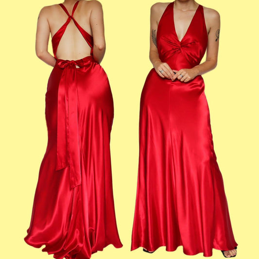 Red satin open back evening dress UK 14