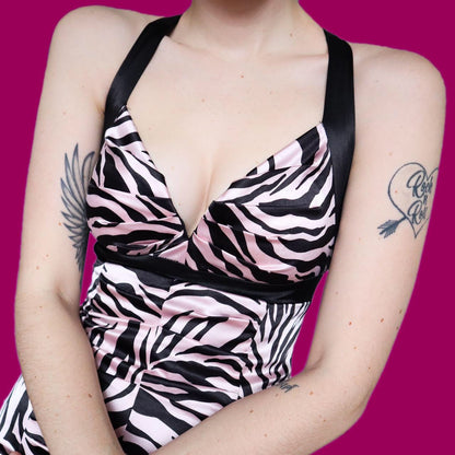 Funky zebra print pink/black fishtail evening dress UK 8