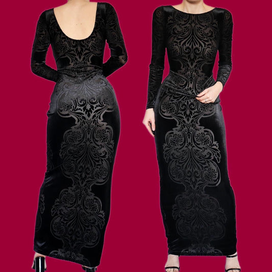 Beautiful black velvet print long sleeve evening dress UK 12