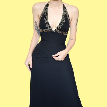 Black stretch halter neck evening dress UK 8