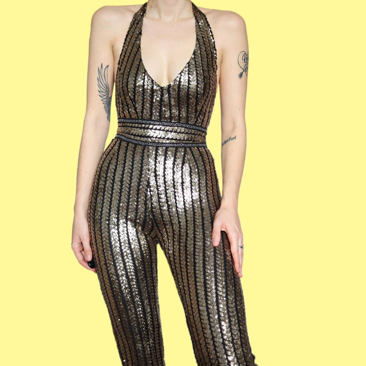 Stunning petite gold sequin stretch party jumpsuit UK XS