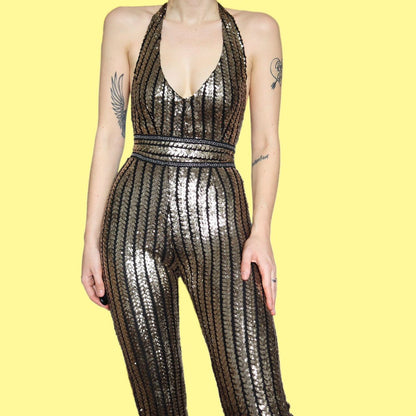 Stunning petite gold sequin stretch party jumpsuit UK XS