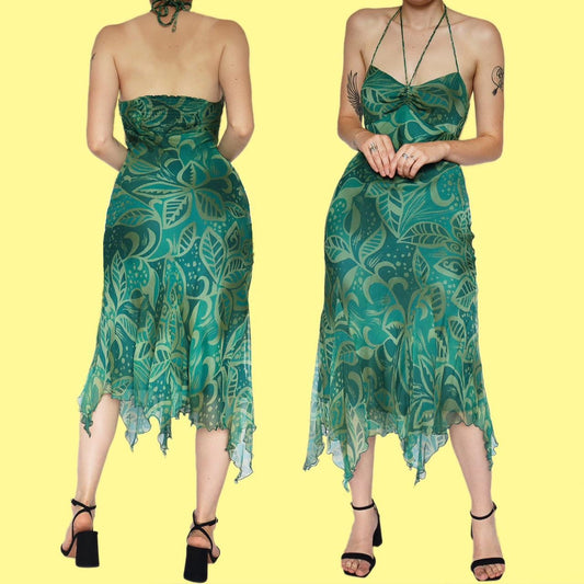 Stunning green 100% silk evening dress UK 10