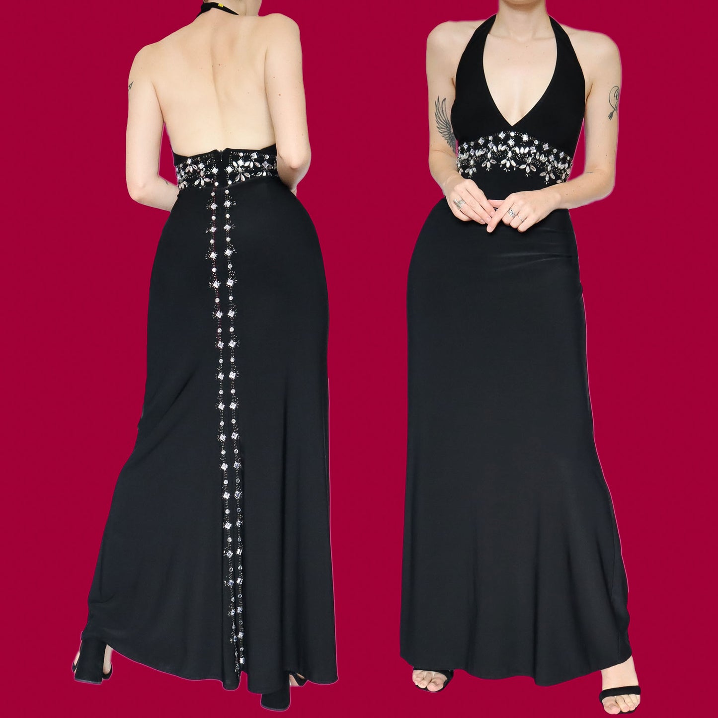 Black stretch halter neck evening dress UK 14