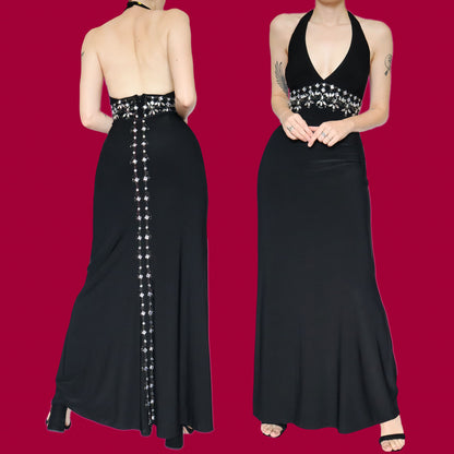 Black stretch halter neck evening dress UK 14