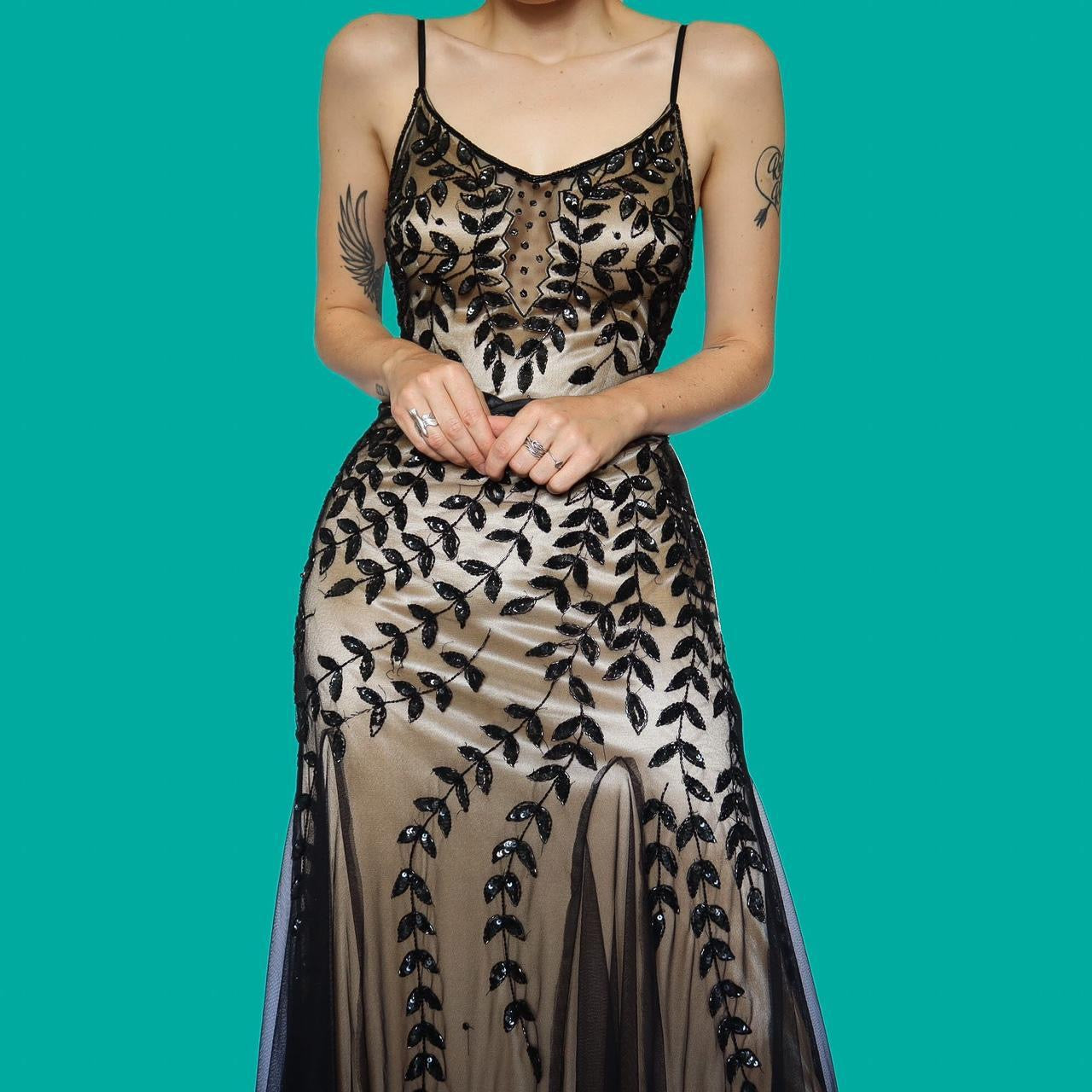 Beautiful tan with black sheer overlay beaded sequin party dress UK 12