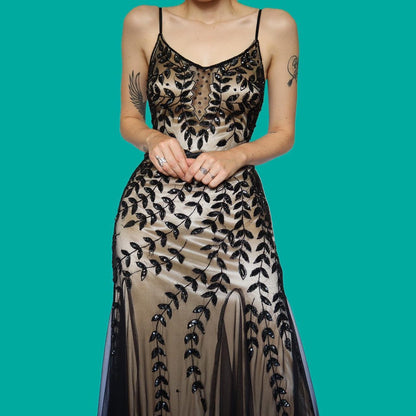 Beautiful tan with black sheer overlay beaded sequin party dress UK 12