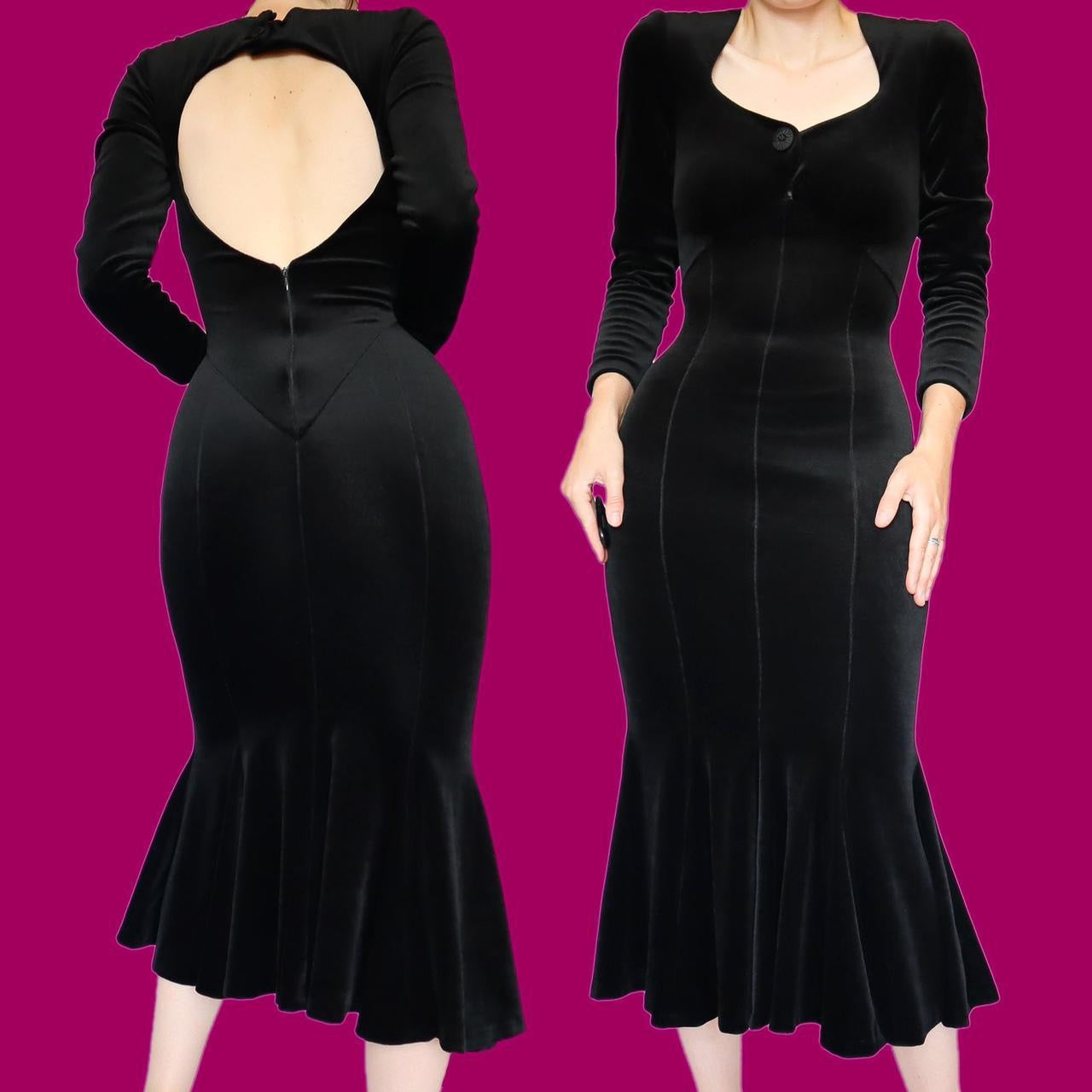 Chic DUSK black velvet long sleeve midi dress UK 8