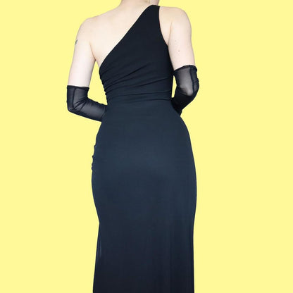 Black stretch one shoulder evening dress UK S