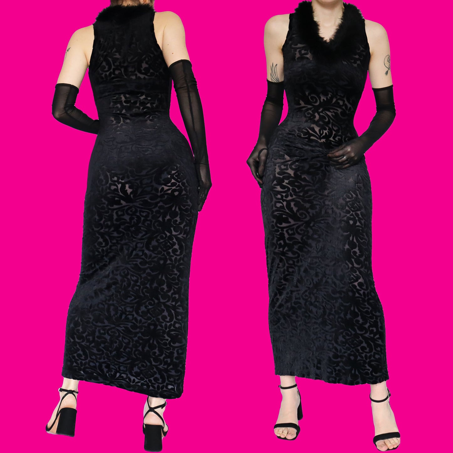 Black velvet stretch bodycon evening dress UK 10