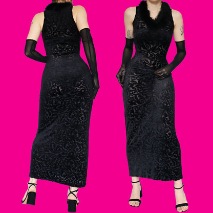 Black velvet stretch bodycon evening dress UK 10