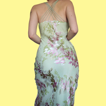 Beautiful pale green silk blend floral evening dress UK 16
