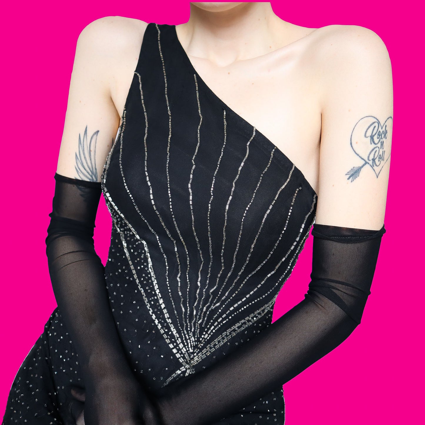 Black one shoulder beaded evening dress UK 12