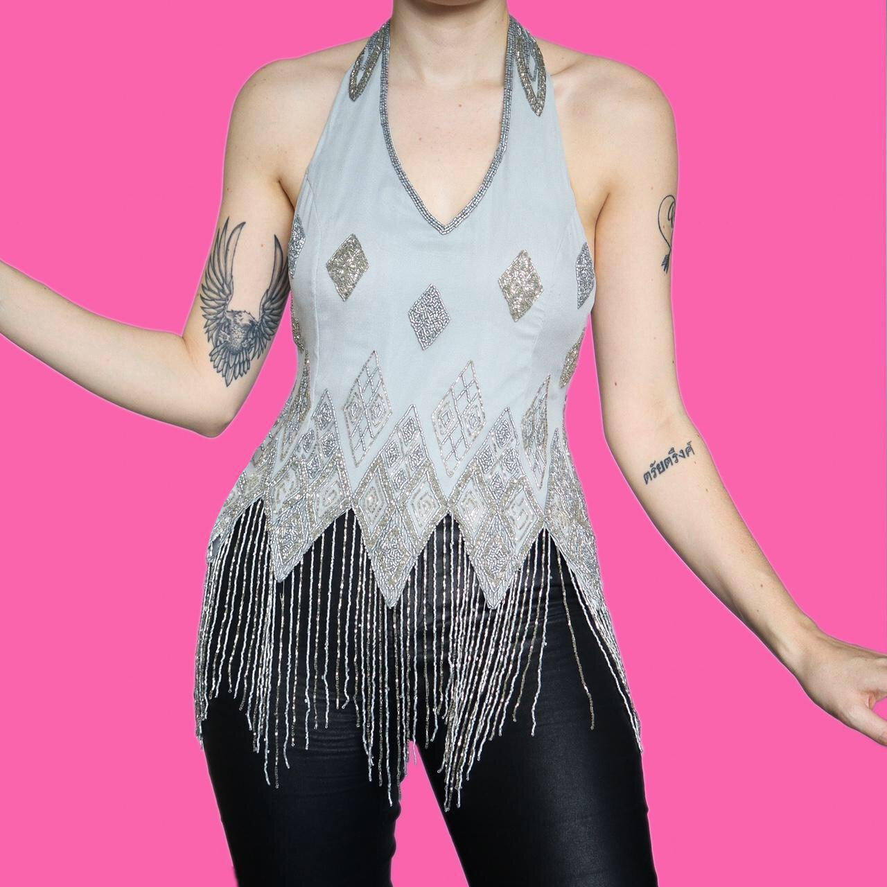 Beautiful 100% silk grey beaded tassel top UK 14