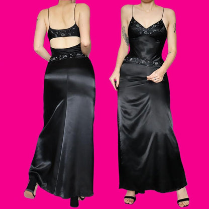 Silky black beaded evening dress UK 12