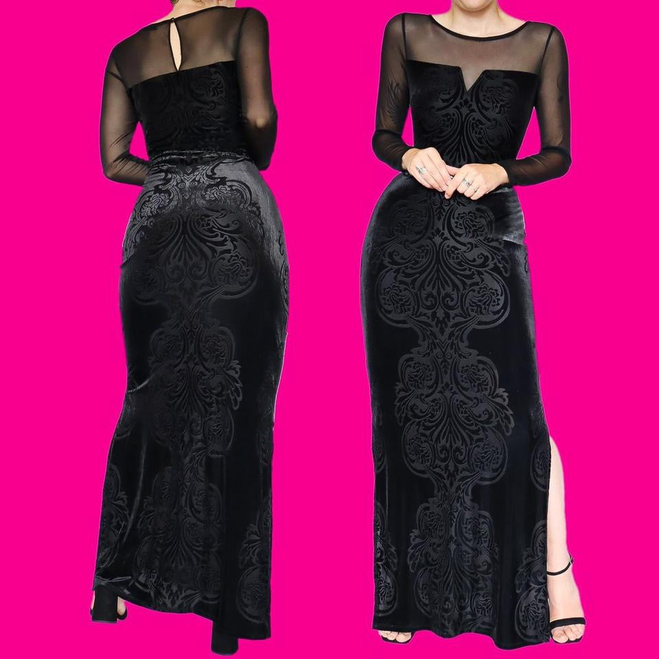 Black velvet long sleeve evening dress UK 18