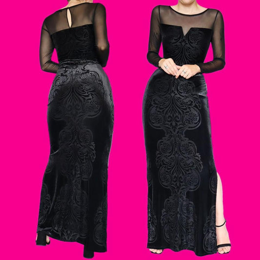 Black velvet long sleeve evening dress UK 18